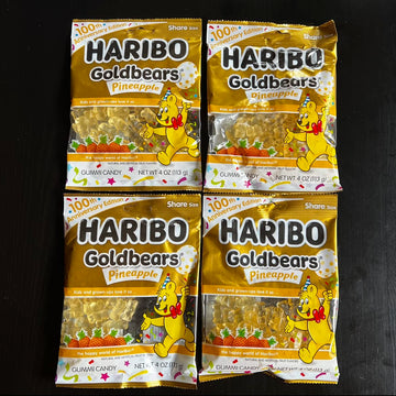 HARIBO Goldbears vista frontal del paquete mostrando ositos sabor piña, conveniente para compartir
