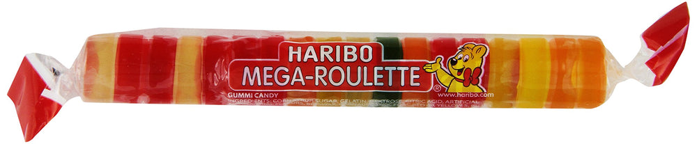 Haribo empaque frontal con rollo visible y colores llamativos, conveniencia inmediata