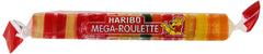 Haribo empaque frontal con rollo visible y colores llamativos, conveniencia inmediata