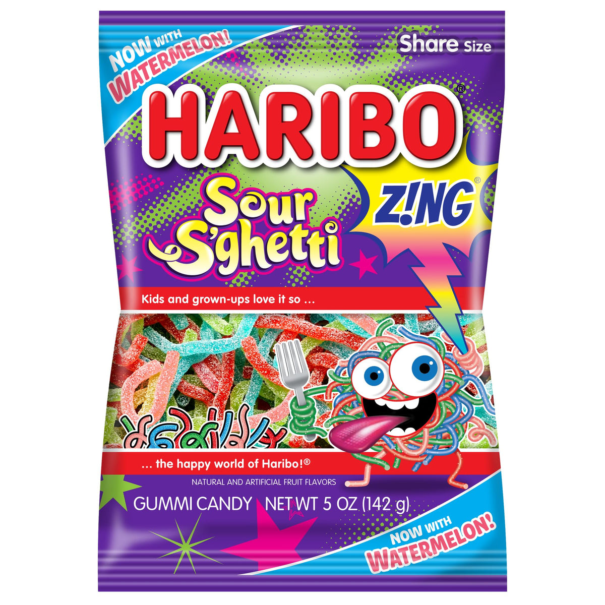 Haribo paquete frente mostrando bolsa de 5 oz y colores atractivos