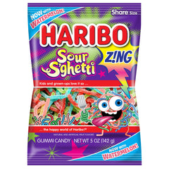 Haribo paquete frente mostrando bolsa de 5 oz y colores atractivos