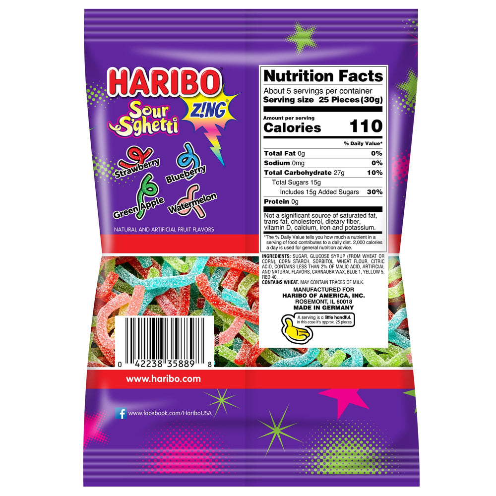 Haribo tiras sour s'ghetti en primer plano textura azucarada y masticable