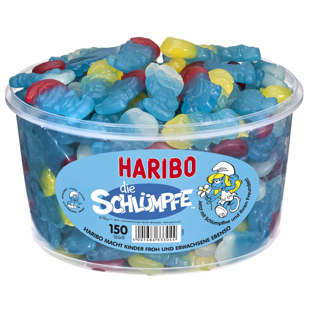 Haribo bote frontal con 150 gomitas en forma de Pitufo, color azul y práctico para compartir
