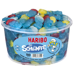 Haribo bote frontal con 150 gomitas en forma de Pitufo, color azul y práctico para compartir