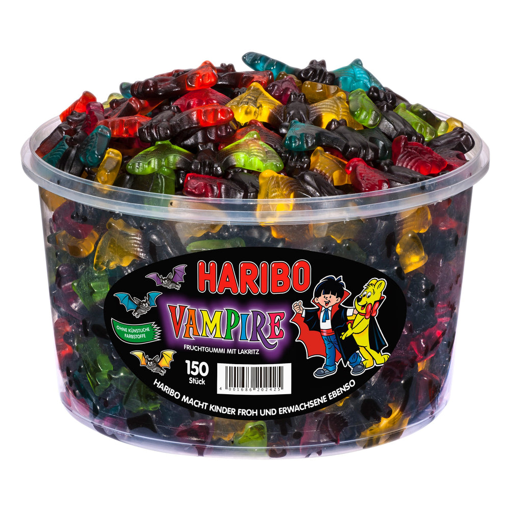 Haribo Vampires primer plano del regaliz y alas frutales, detalle de textura