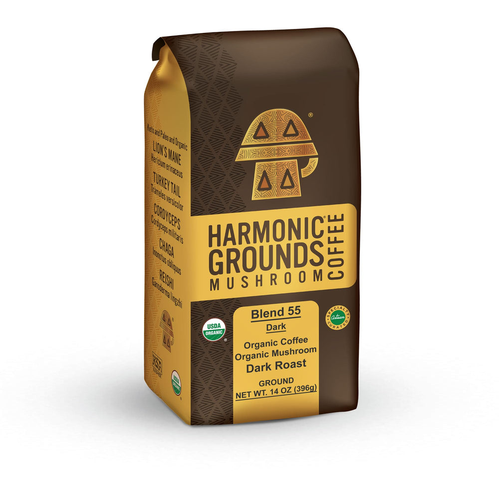 Harmonic Grounds bolsa frontal 14 oz mostrando sello al vacío y marca