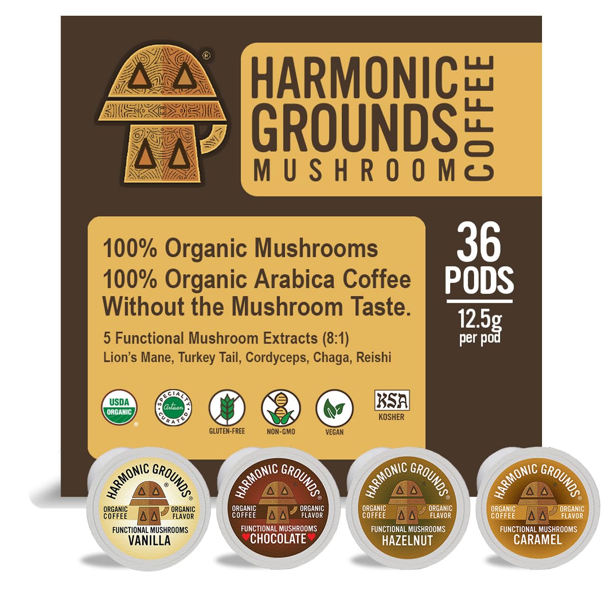 Harmonic Grounds frente del paquete mostrando 36 cápsulas y sabores Cozy Classics