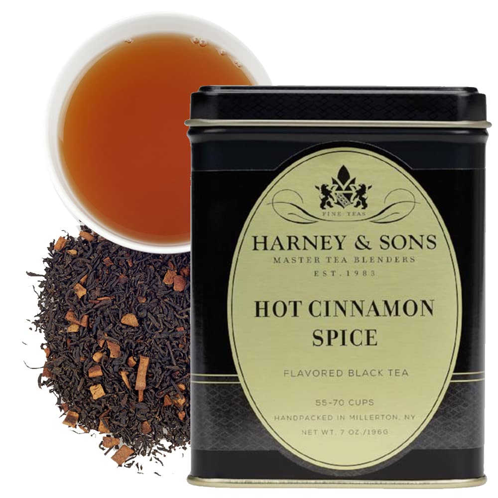 Harney & Sons lata frente Hot Cinnamon Spice mostrando diseño y cantidad 7 oz para regalar
