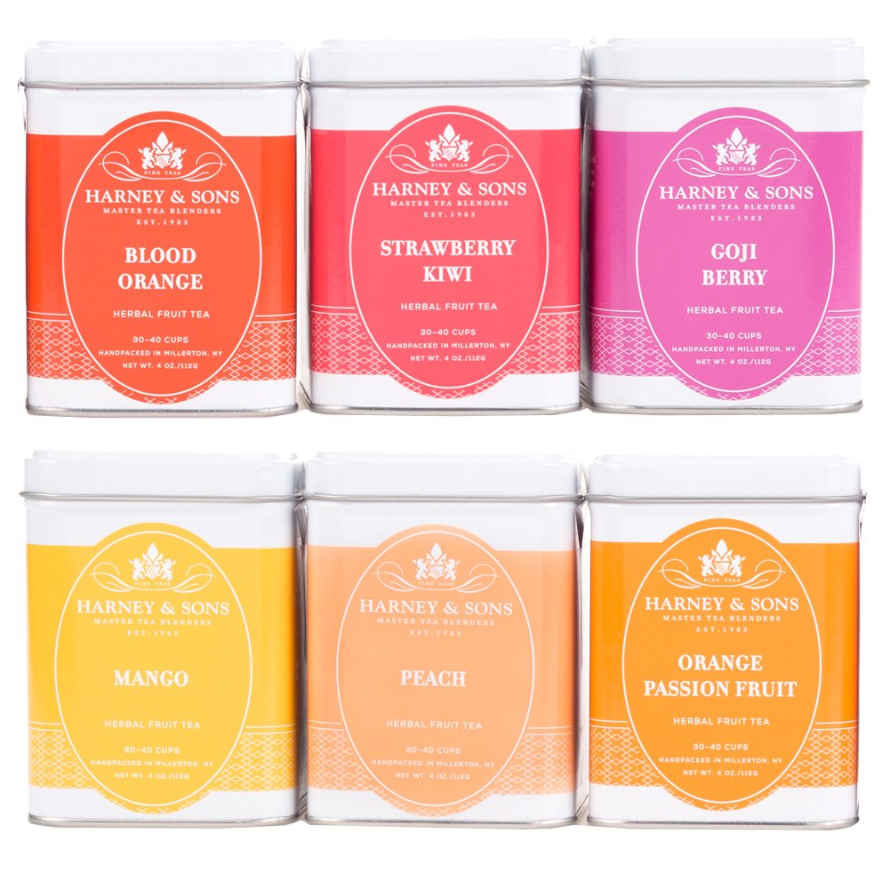 Harney & Sons caja frontal con las seis mezclas frutales, muestra variedad y facilidad de uso