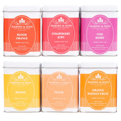 Harney & Sons caja frontal con las seis mezclas frutales, muestra variedad y facilidad de uso