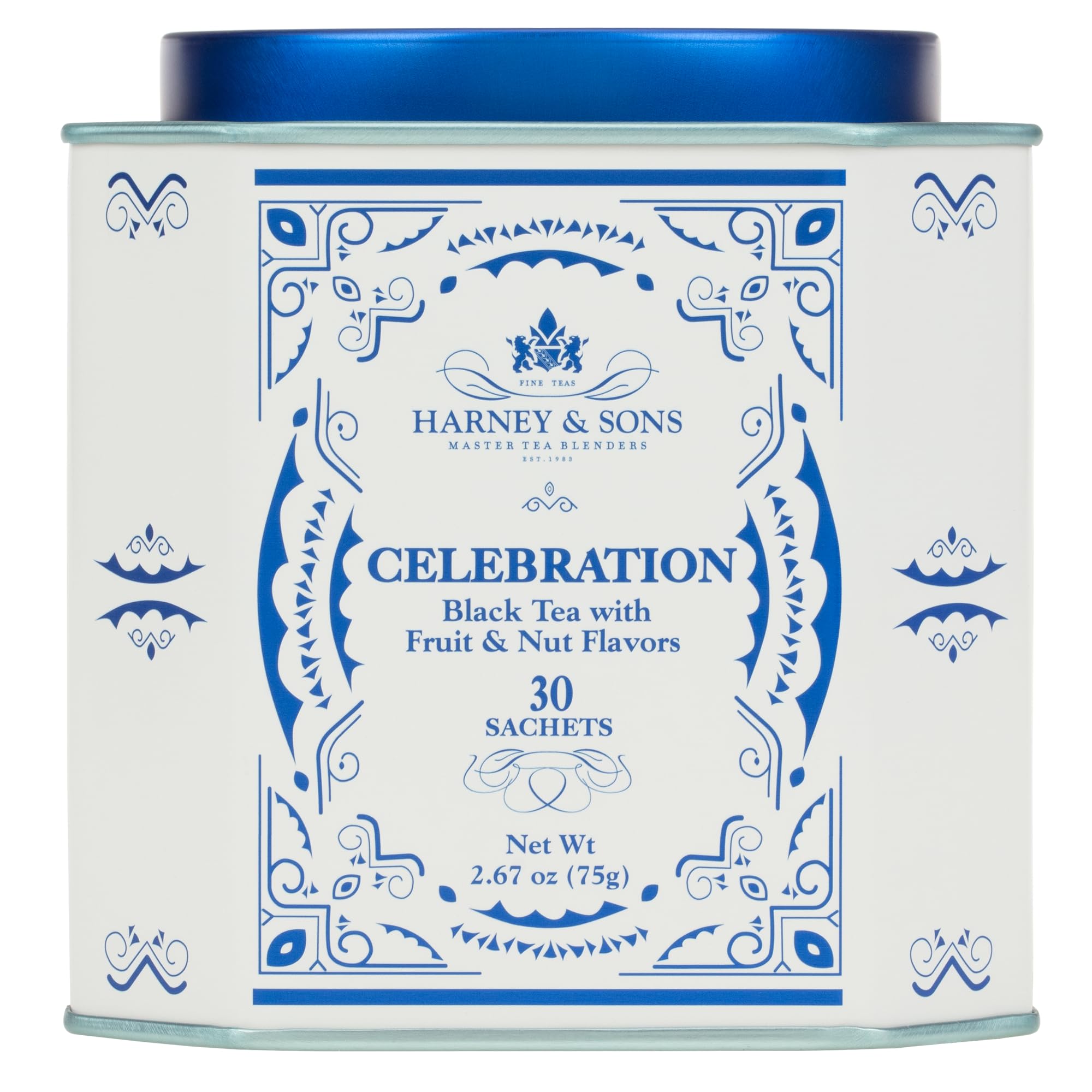 Harney & Sons lata frontal del Celebration Black Tea mostrando presentación elegante