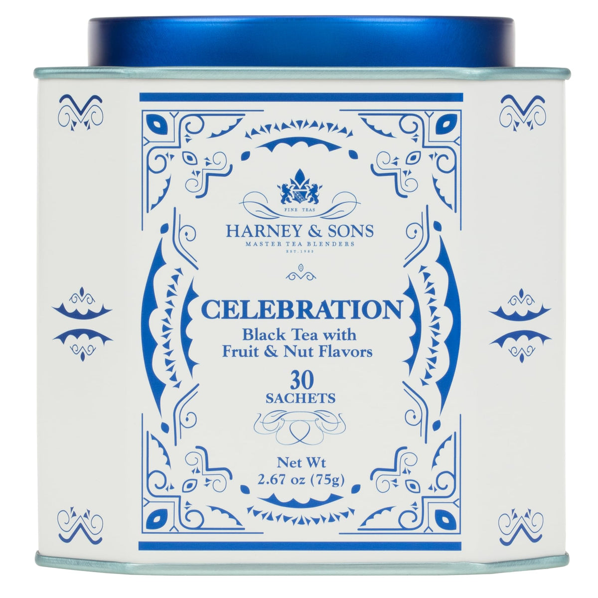 Harney & Sons lata frontal del Celebration Black Tea mostrando presentación elegante