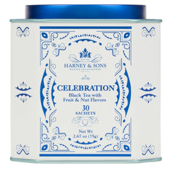 Harney & Sons lata frontal del Celebration Black Tea mostrando presentación elegante