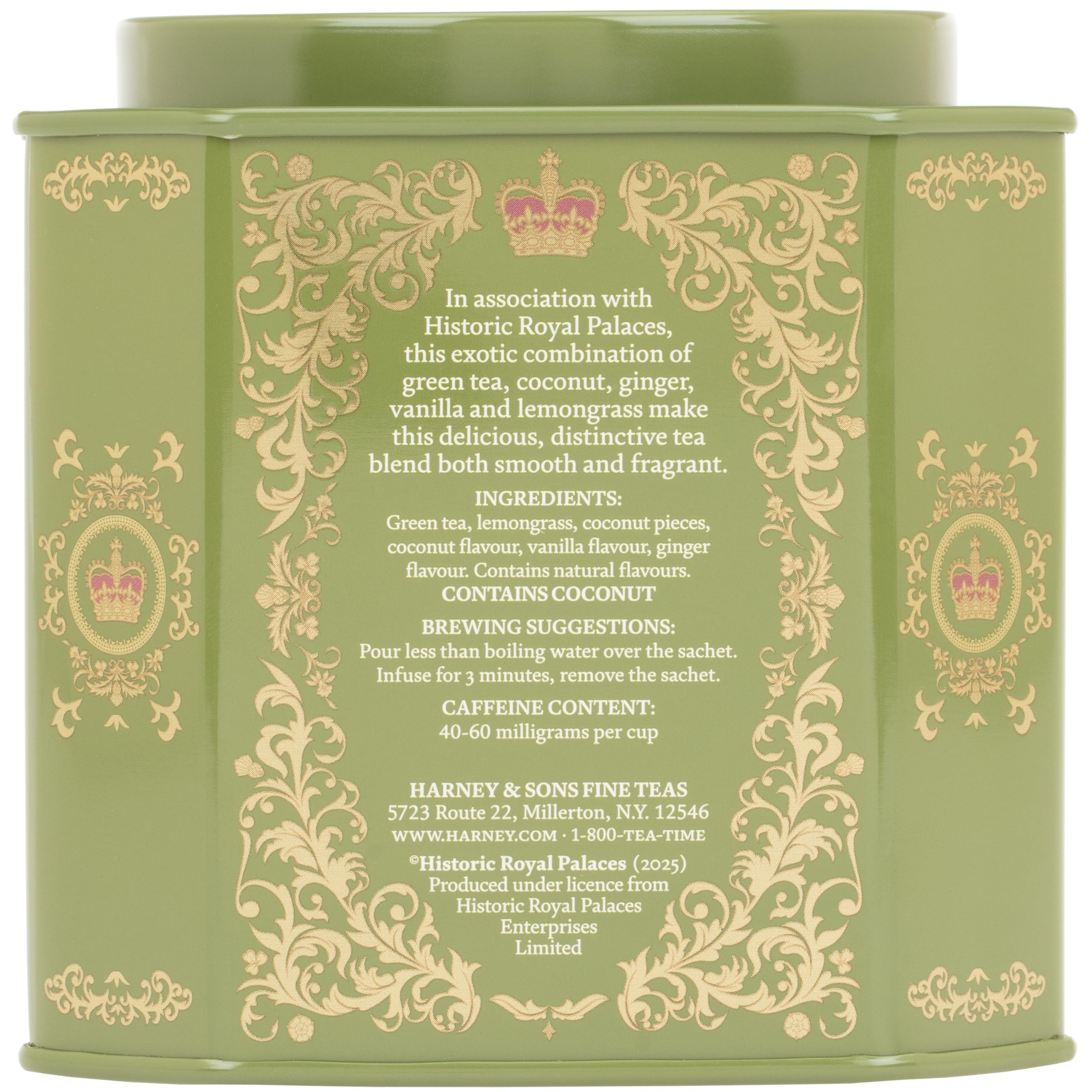 Harney & Sons hojas y ingredientes mostrando coco, jengibre y lemongrass