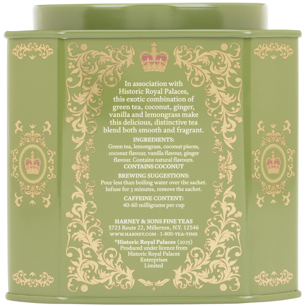 Harney & Sons hojas y ingredientes mostrando coco, jengibre y lemongrass