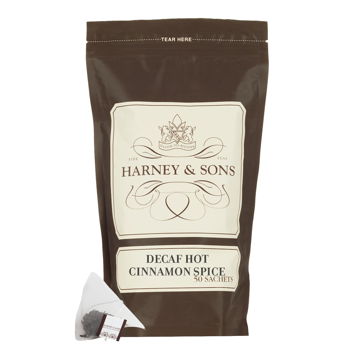 Harney & Sons paquete frontal visible, conserva aroma y facilidad de almacenamiento