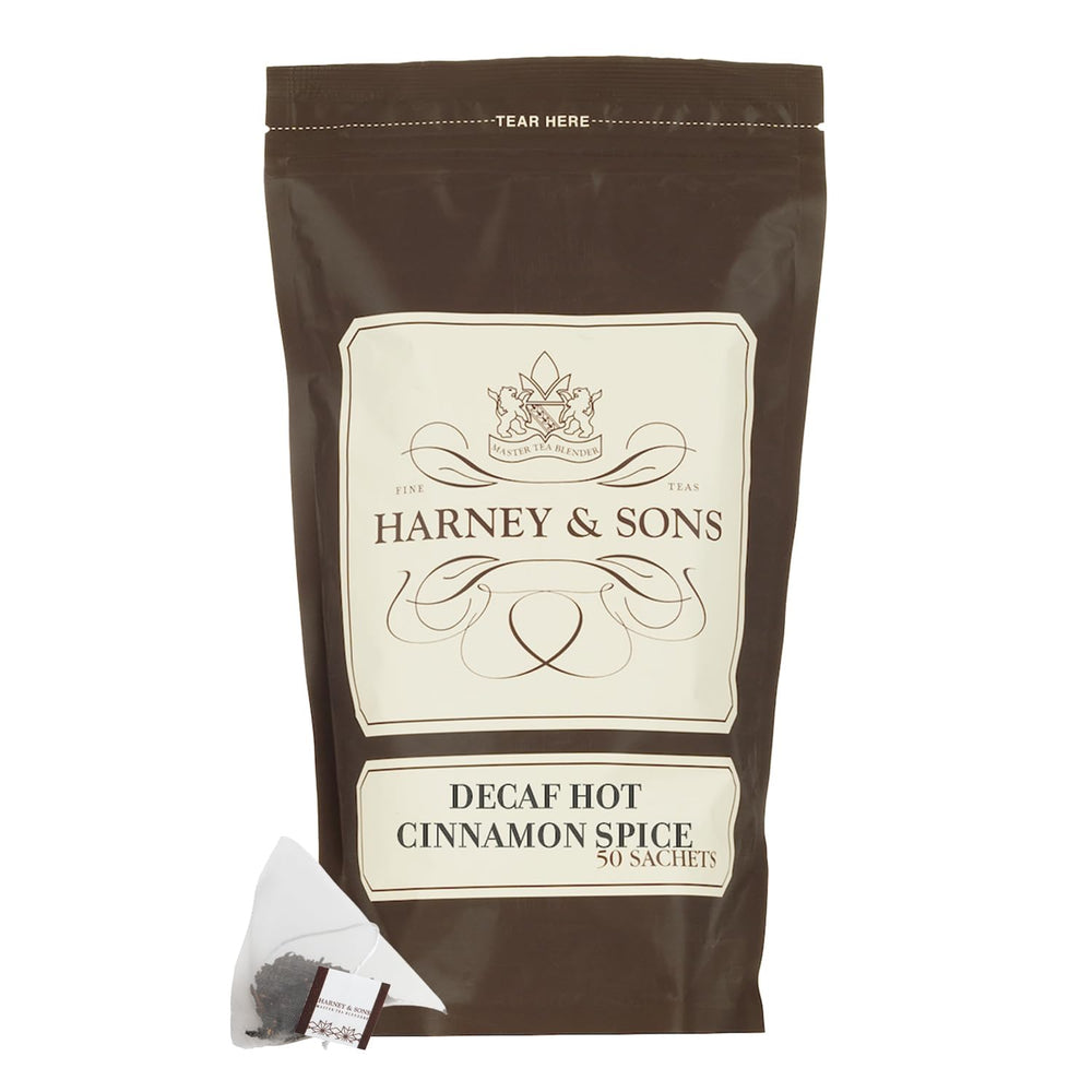 Harney & Sons paquete frontal visible, conserva aroma y facilidad de almacenamiento