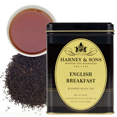 Harney & Sons lata frontal English Breakfast mostrando diseño y sello de calidad