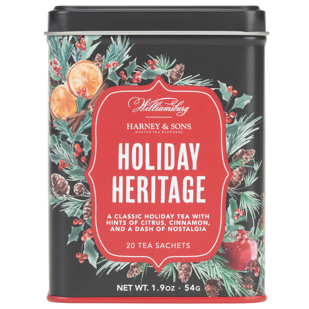 Harney & Sons lata frontal Holiday Heritage que muestra diseño festivo y conservación