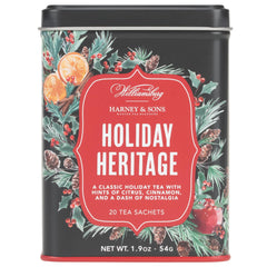 Harney & Sons lata frontal Holiday Heritage que muestra diseño festivo y conservación