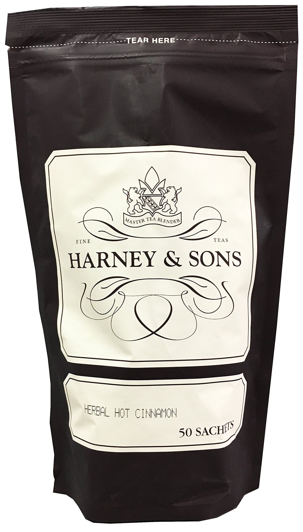 Harney & Sons paquete frontal de 50 sachets mostrando diseño y bolsa resellable
