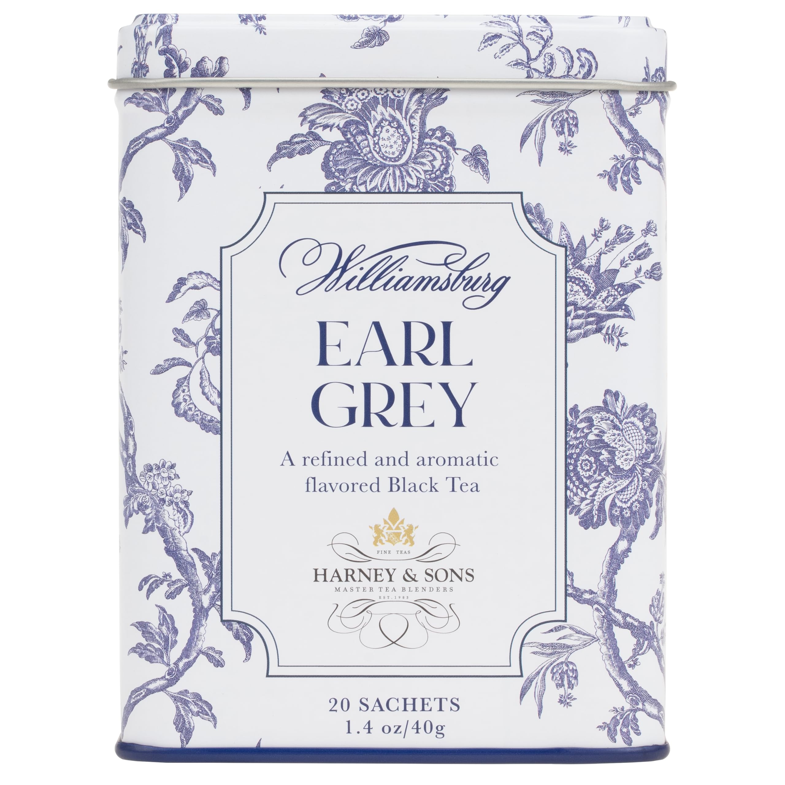 Harney & Sons lata abierta mostrando 20 saquitos listos para infusionar