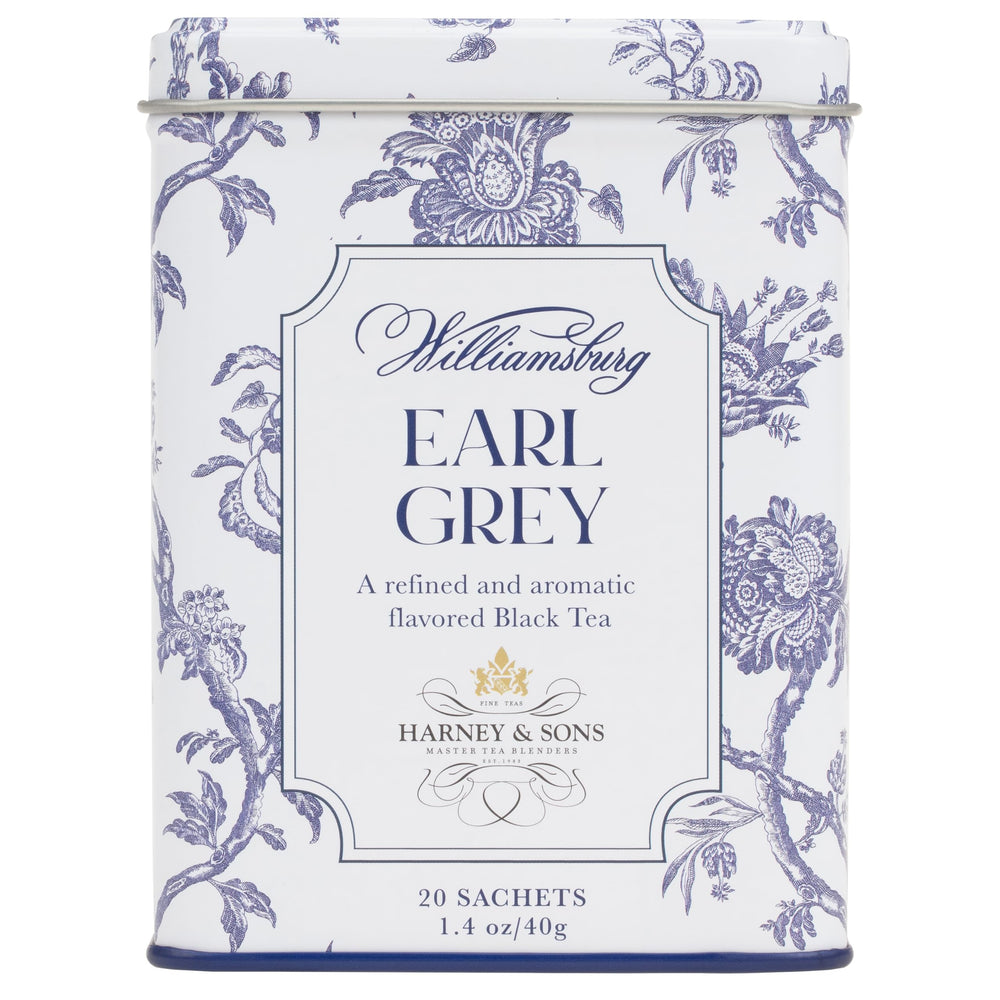 Harney & Sons lata abierta mostrando 20 saquitos listos para infusionar