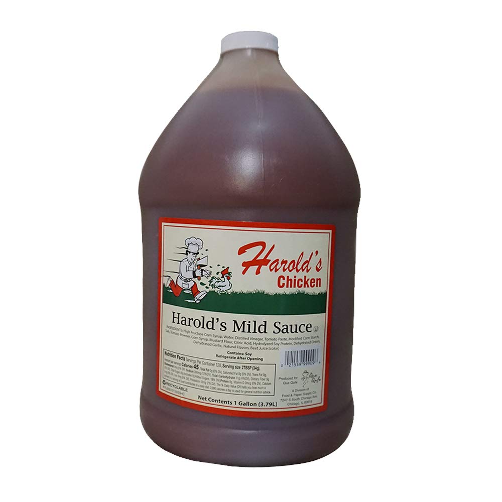 Harold's Chicken botella de 1 galón vista frontal con etiqueta clara y uso práctico
