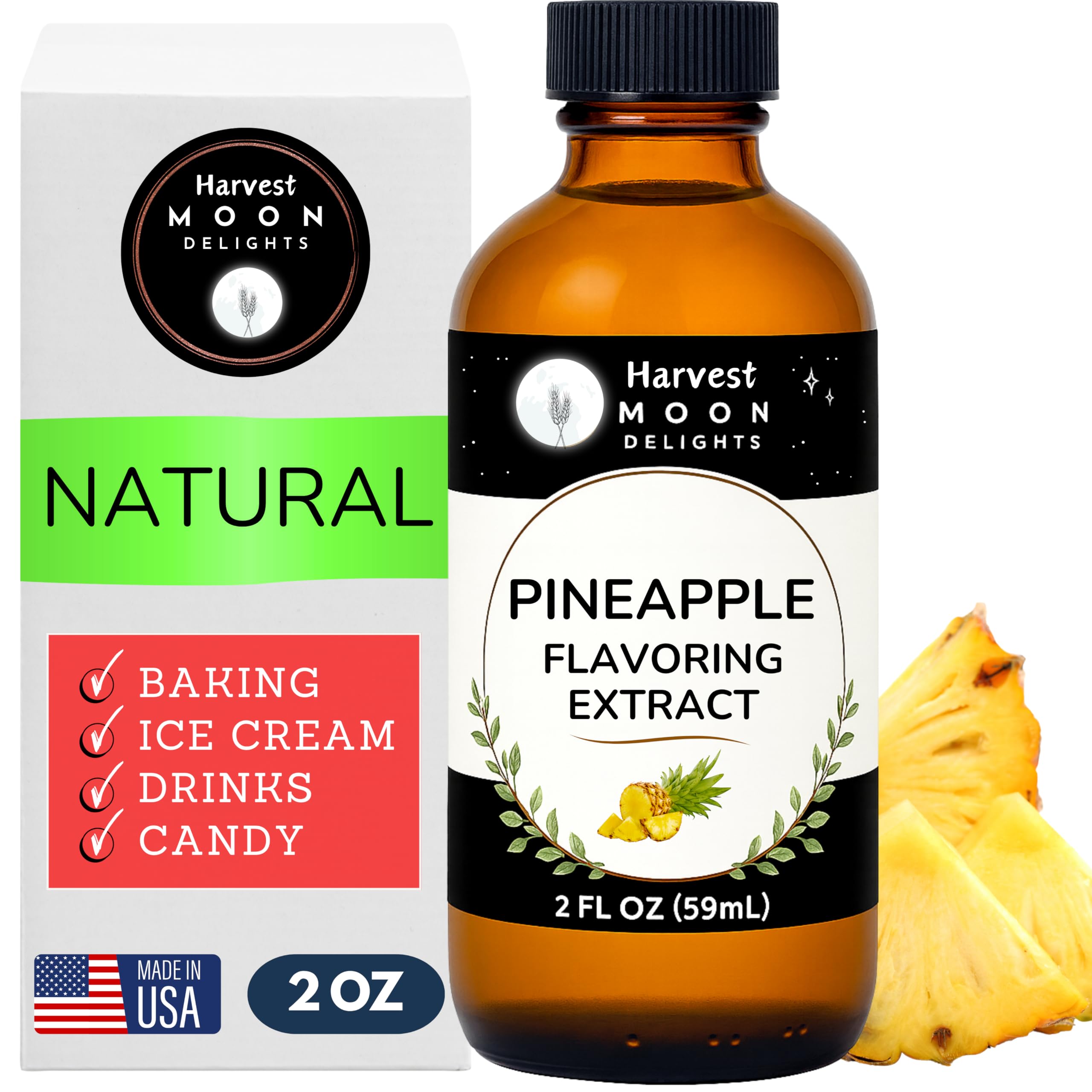 Harvest Moon Delights botella frontal mostrando extracto de piña, beneficio: apariencia profesional