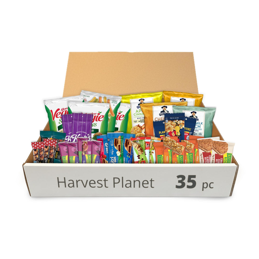 Harvest Planet caja frontal mostrando 35 snacks en empaques individuales útil para oficinas