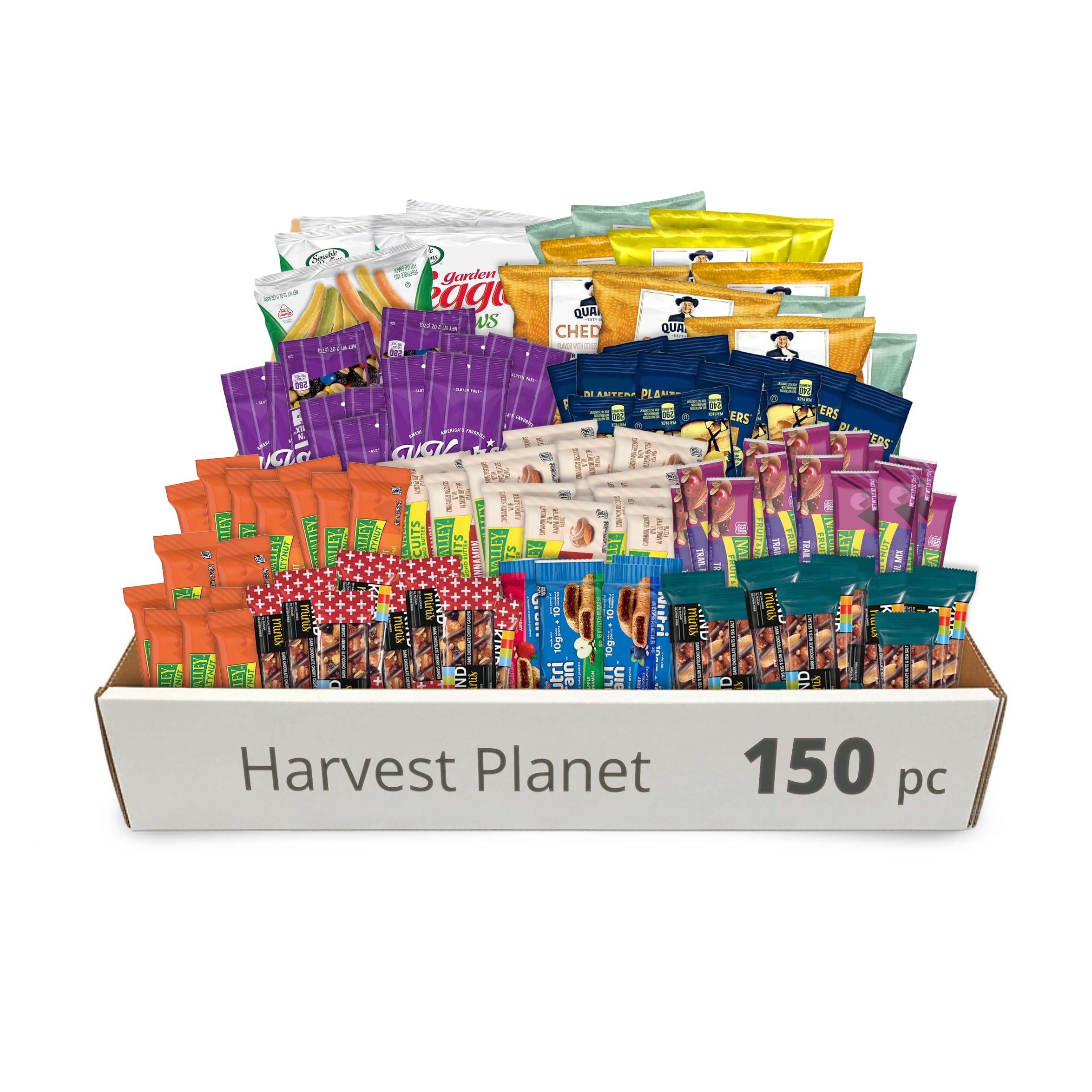 Harvest Planet empaque frontal de la caja de 150 snacks que facilita reposición rápida
