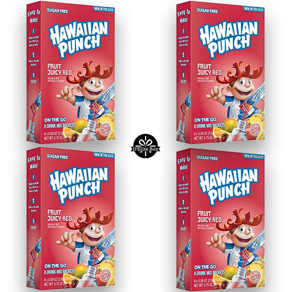Hawaiian Punch frontal de la caja mostrando 8 sobres y conveniencia