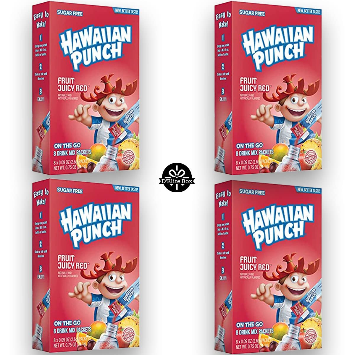 Hawaiian Punch frontal de la caja mostrando 8 sobres y conveniencia