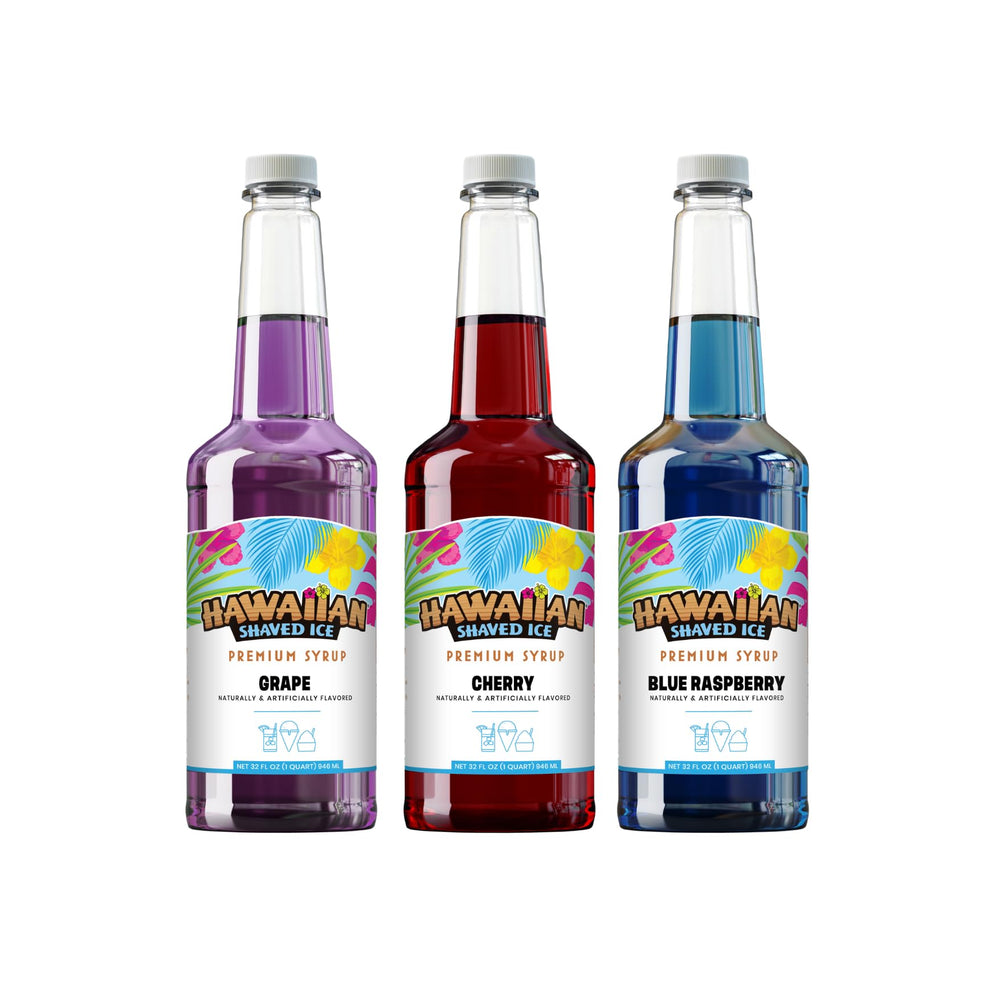 Hawaiian Shaved Ice pack frontal mostrando Cherry Grape Blue Raspberry y beneficio de variedad