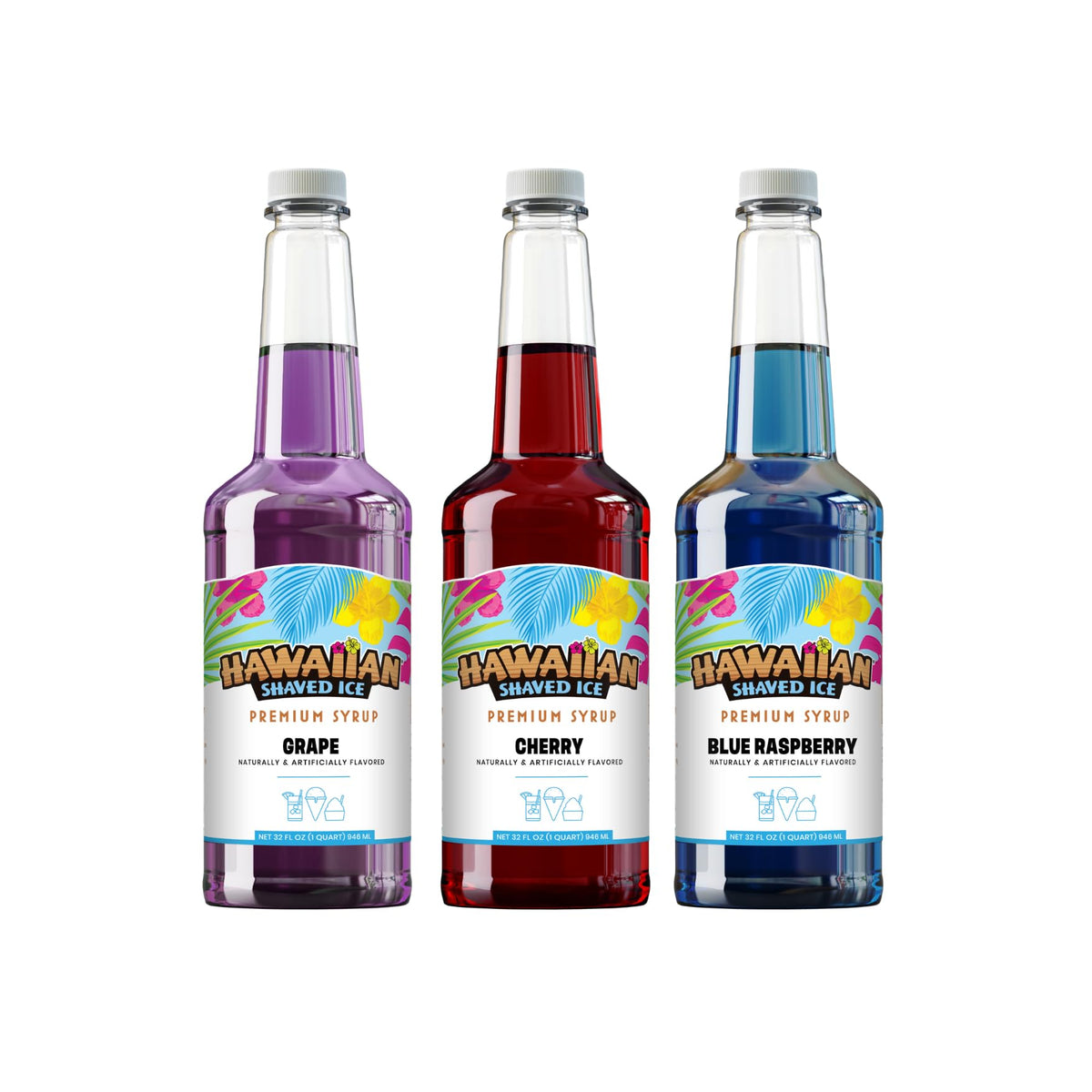 Hawaiian Shaved Ice pack frontal mostrando Cherry Grape Blue Raspberry y beneficio de variedad