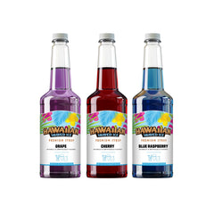 Hawaiian Shaved Ice pack frontal mostrando Cherry Grape Blue Raspberry y beneficio de variedad
