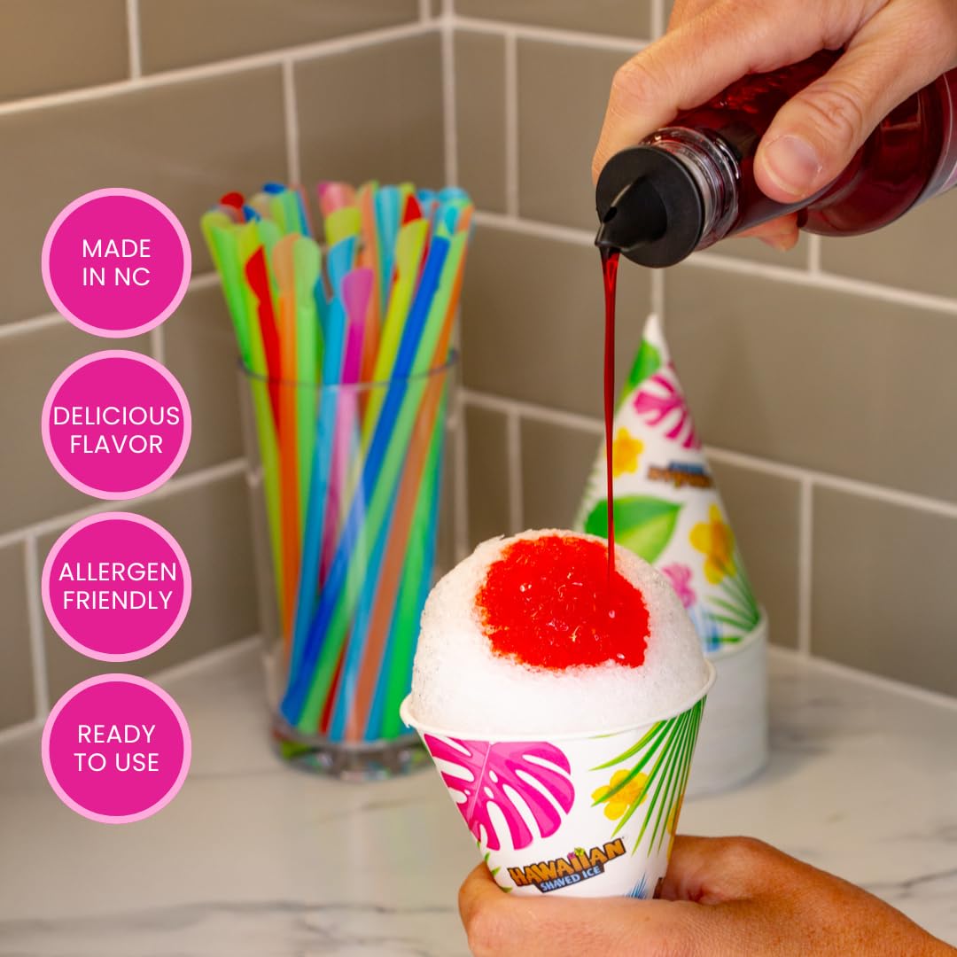 Hawaiian Shaved Ice primer plano de las tres botellas mostrando etiquetas y colores vibrantes