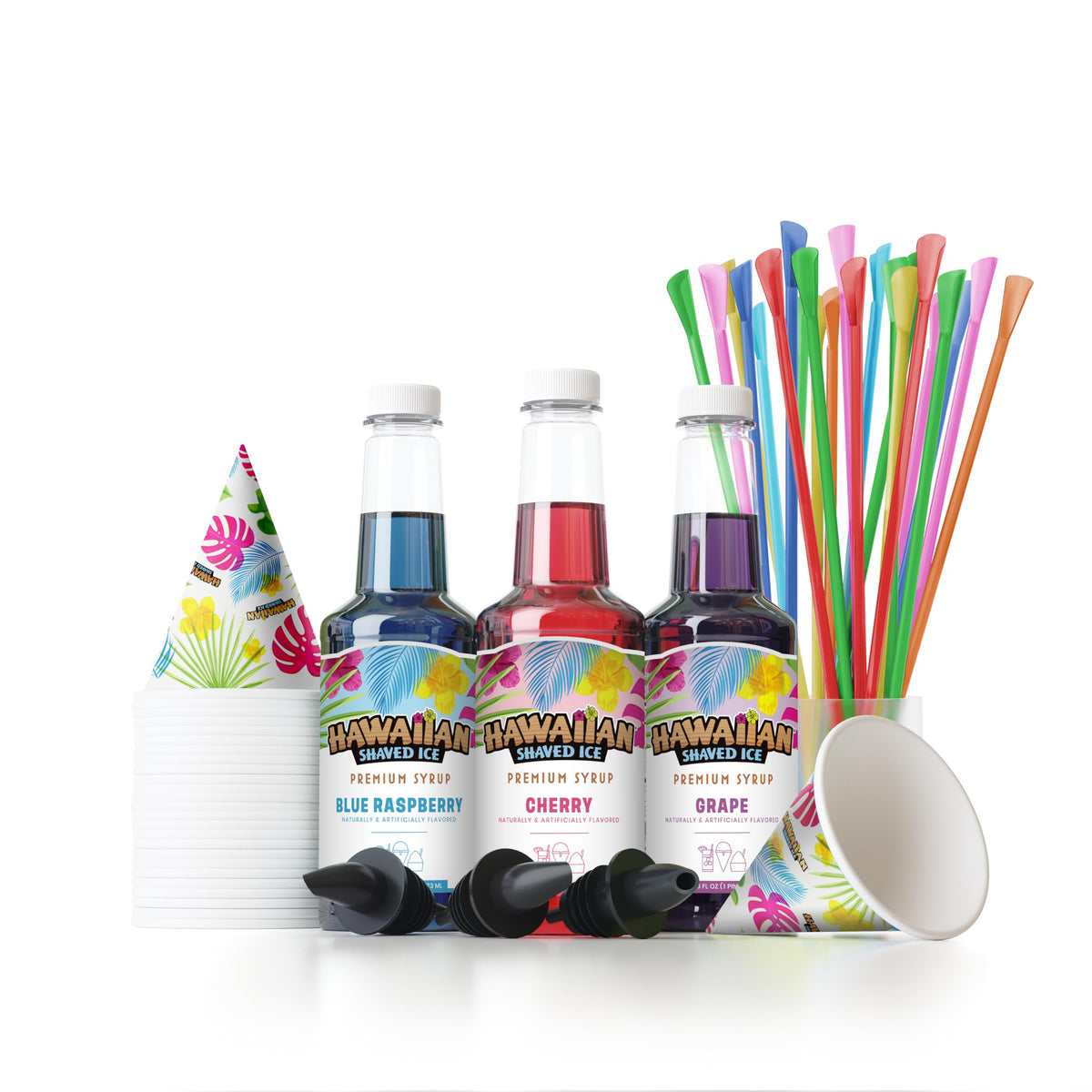 Hawaiian Shaved Ice vista frontal del kit con botellas y accesorios, ideal para fiestas