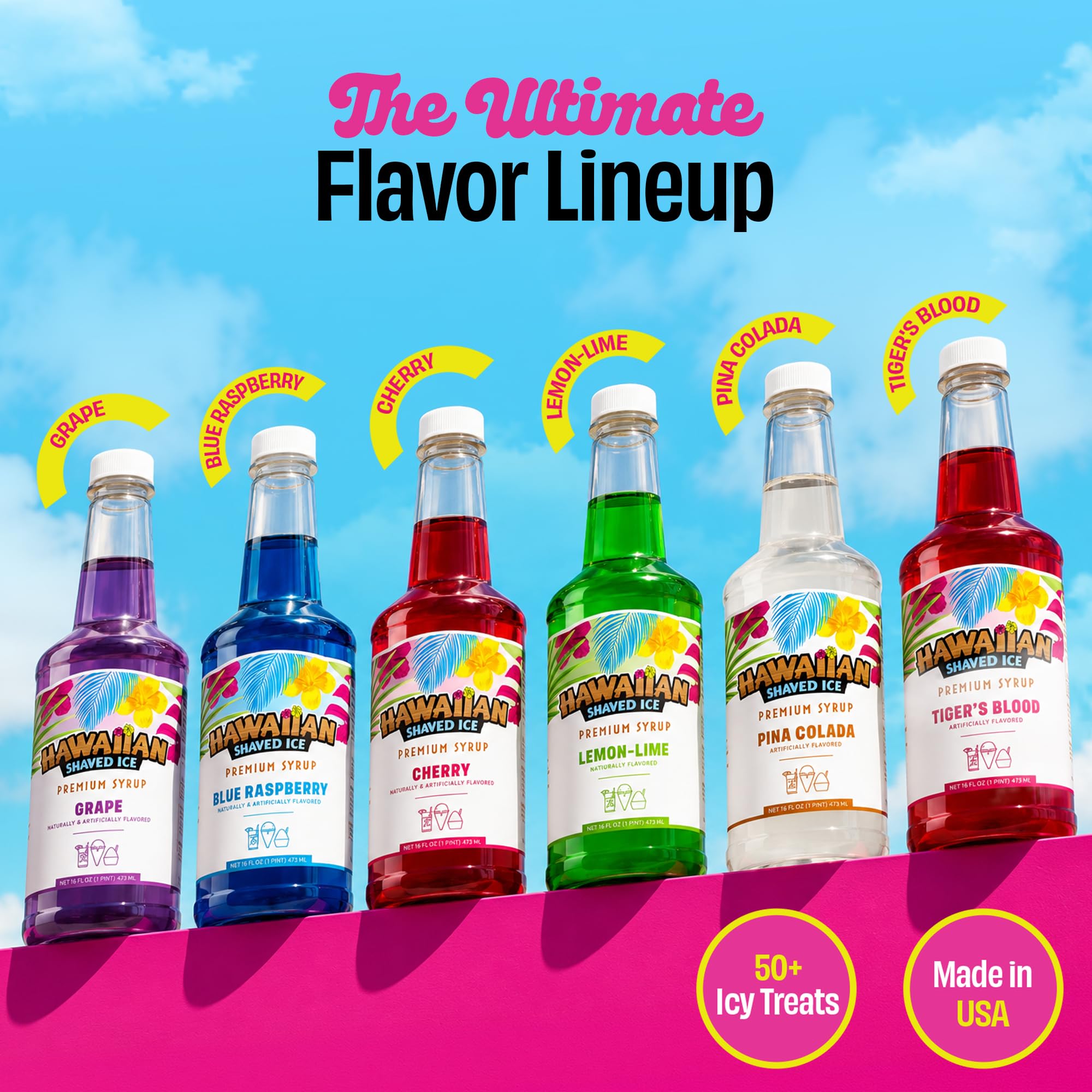 Hawaiian Shaved Ice seis sabores alineados para elegir rápidamente
