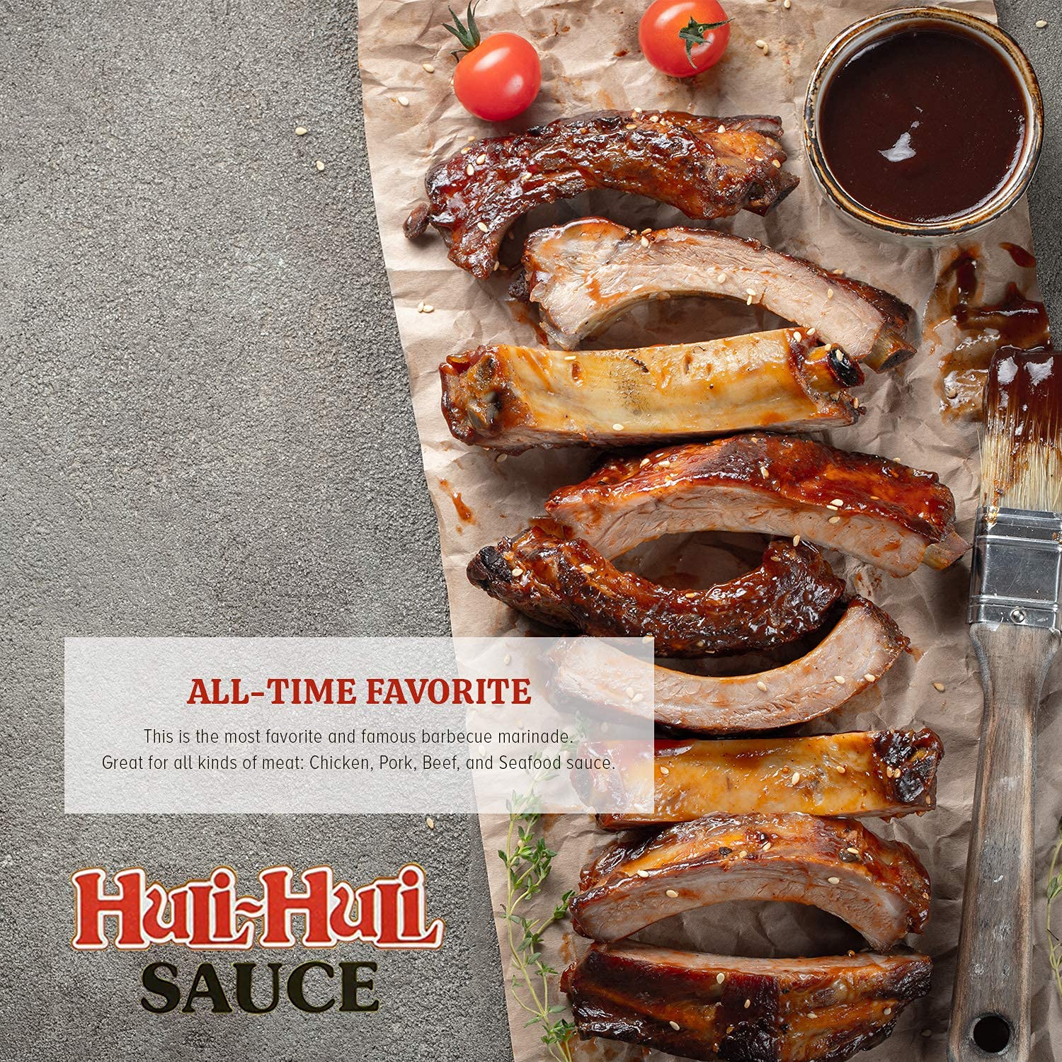 Hawaii's Famous Huli-Huli Sauce comparada con utensilios mostrando tamaño práctico