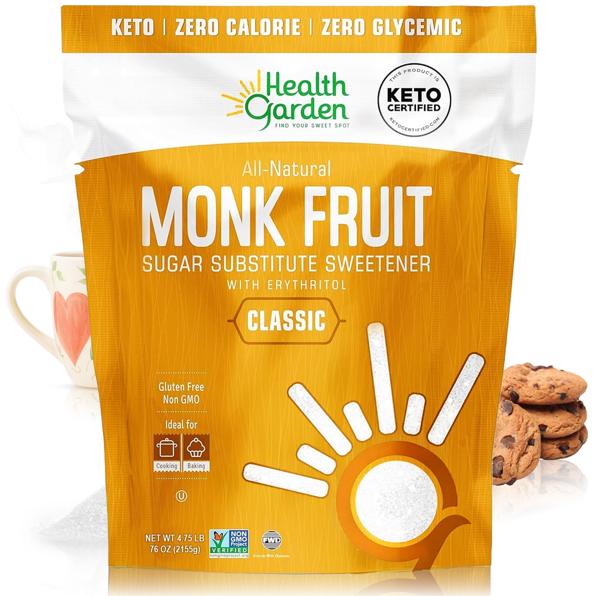 Health Garden envase frontal mostrando 4.75 lb y beneficios claros