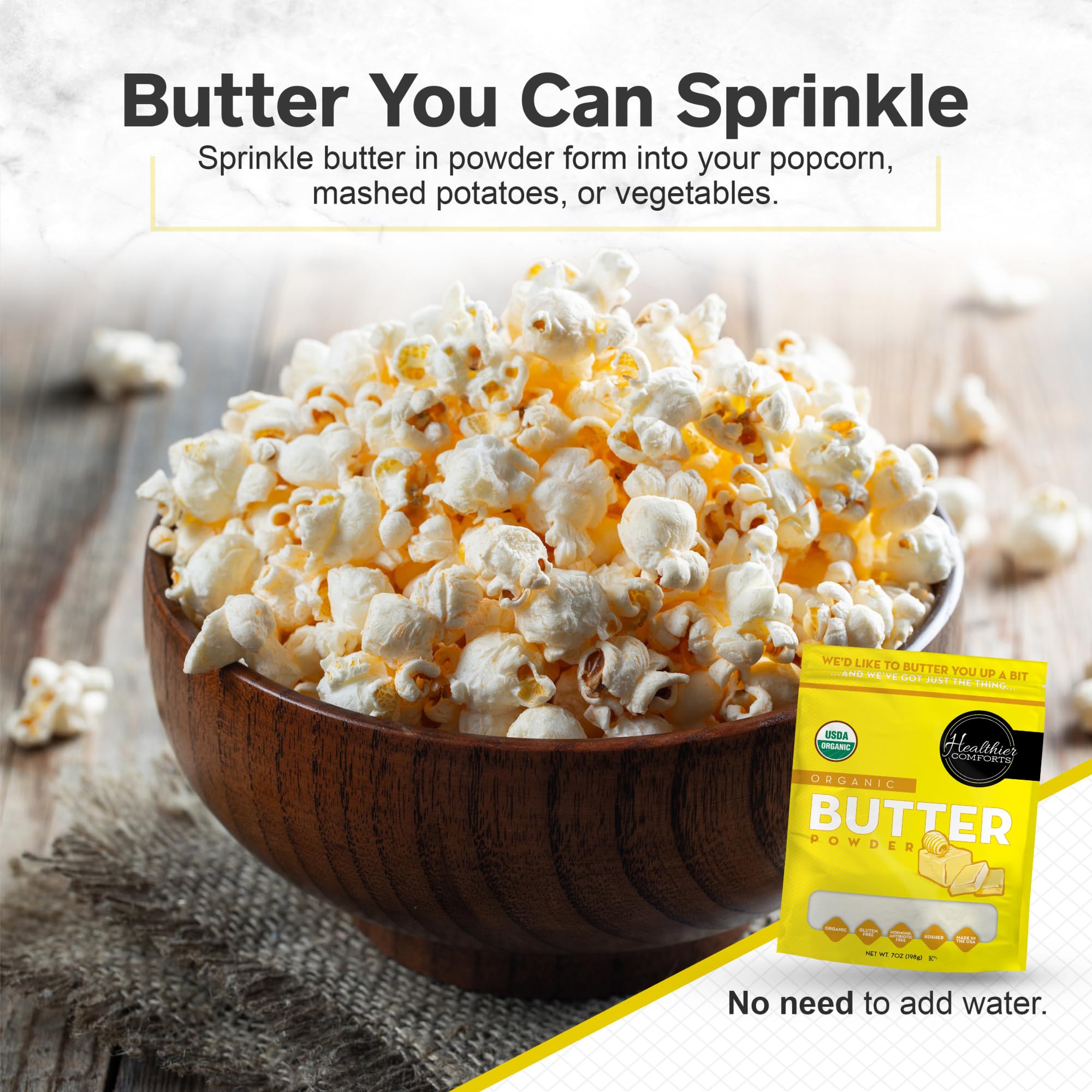 Healthier Comforts etiqueta con certificados USDA, Kosher y sin GMO visibles