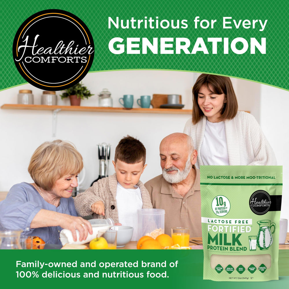 Healthier Comforts etiqueta nutricional y lista de vitaminas y minerales añadidos