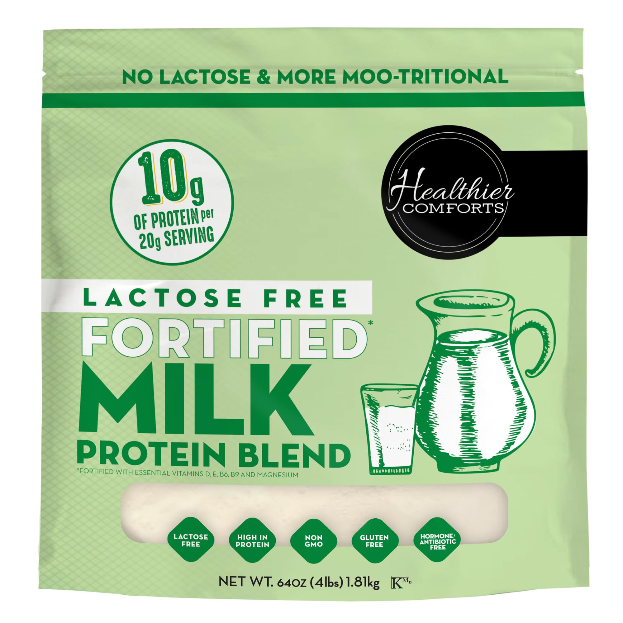 Healthier Comforts envase frontal mostrando el producto y beneficios de proteína