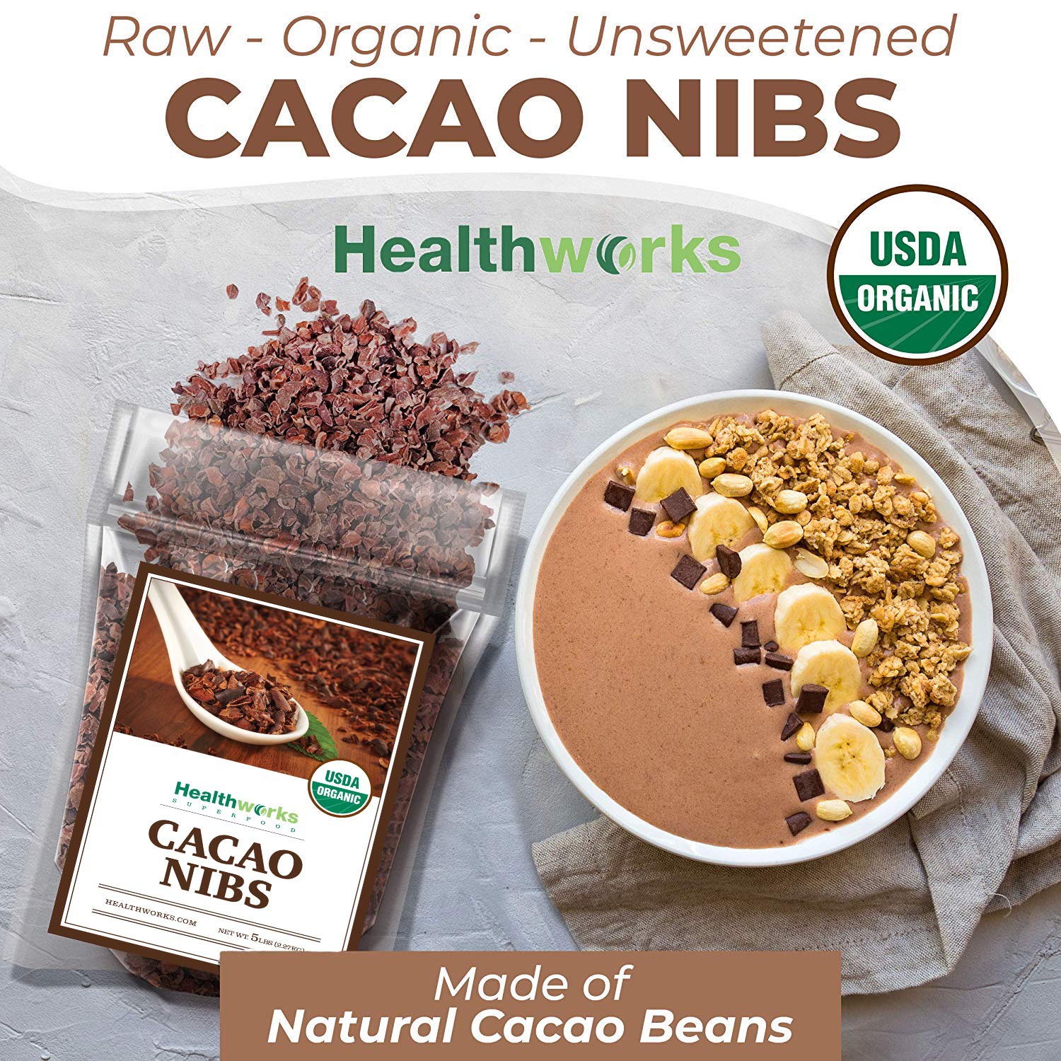 Healthworks Superfoods nibs espolvoreadas en smoothie para energía