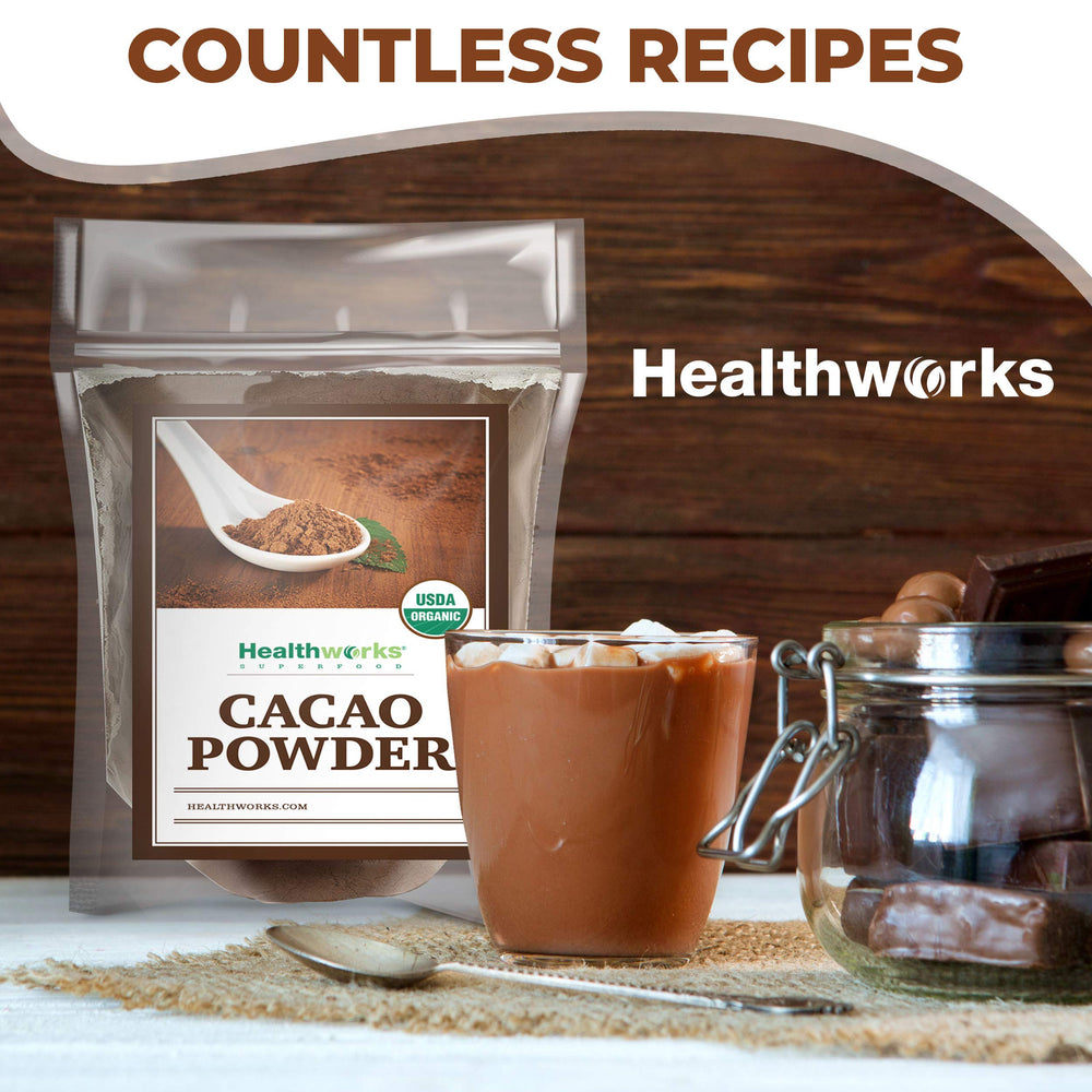 Healthworks Superfoods detalle de granos de cacao, origen natural y tradicional