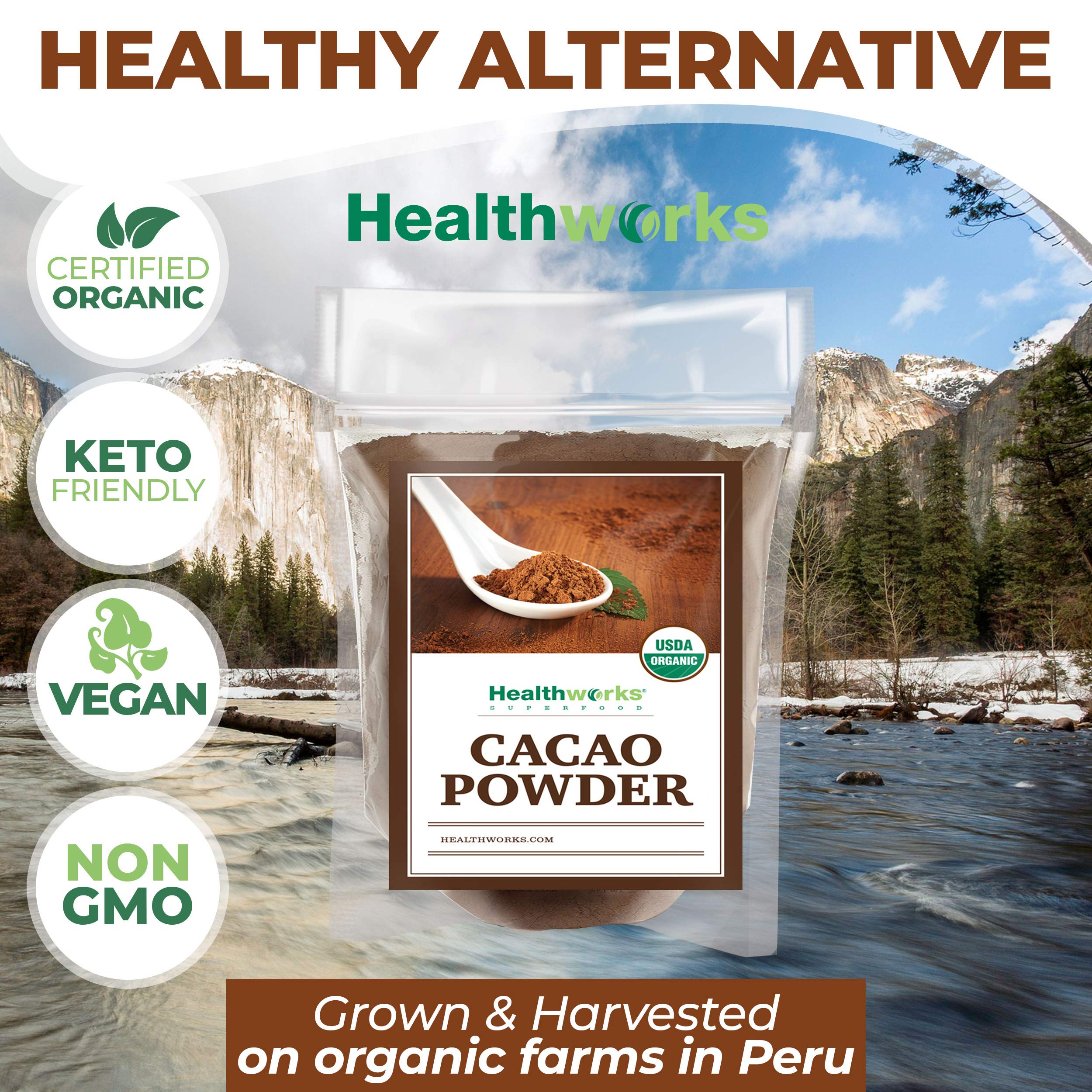 Healthworks Superfoods etiqueta orgánica del cacao, garantía sin químicos