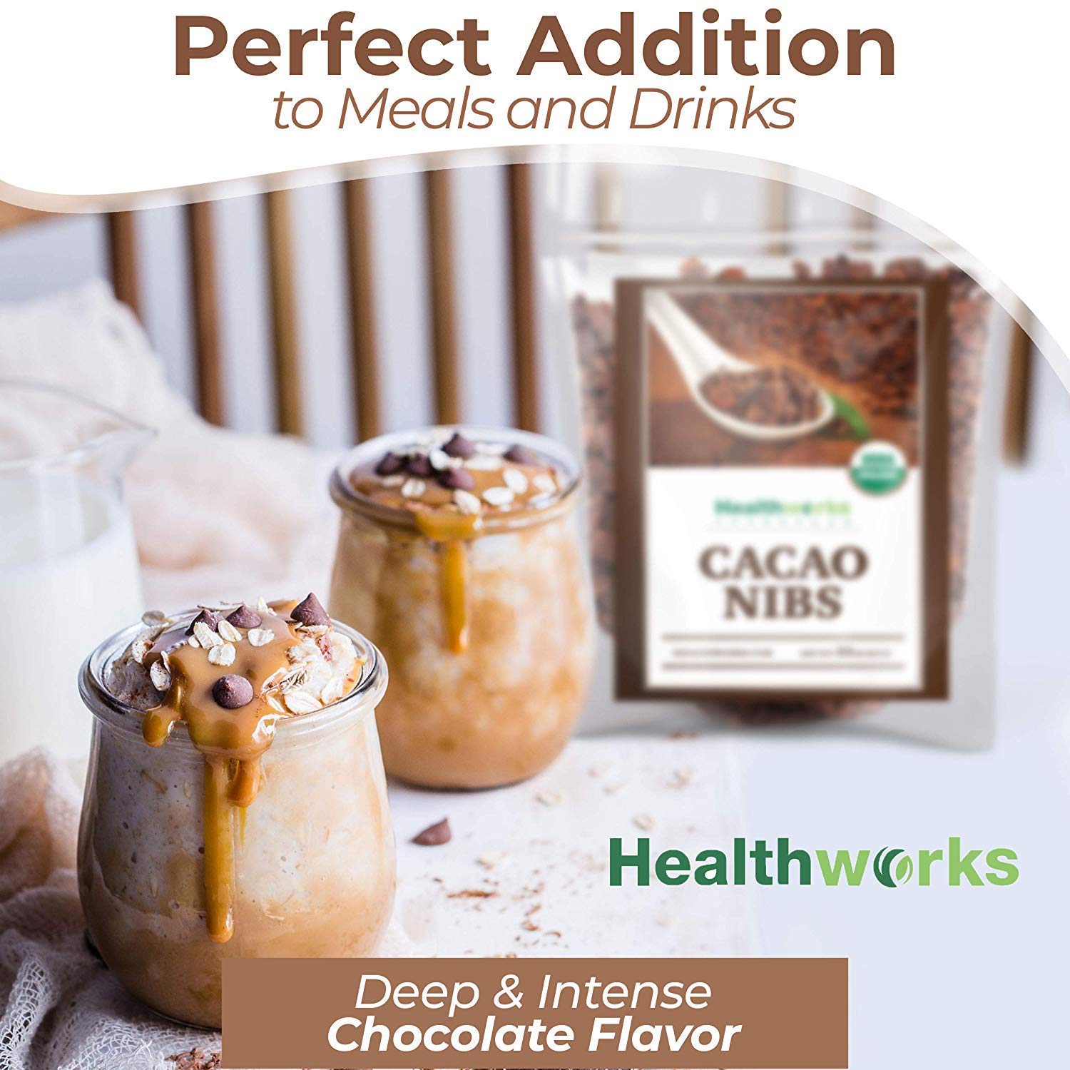 Healthworks Superfoods nibs con paisaje peruano, origen responsable visible