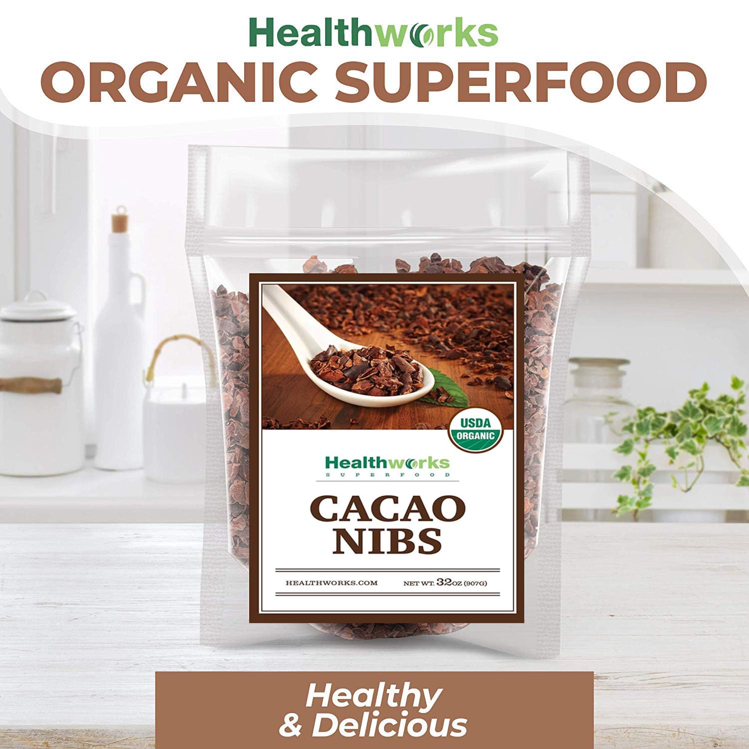 Healthworks Superfoods etiqueta orgánica y non-GMO visible y clara