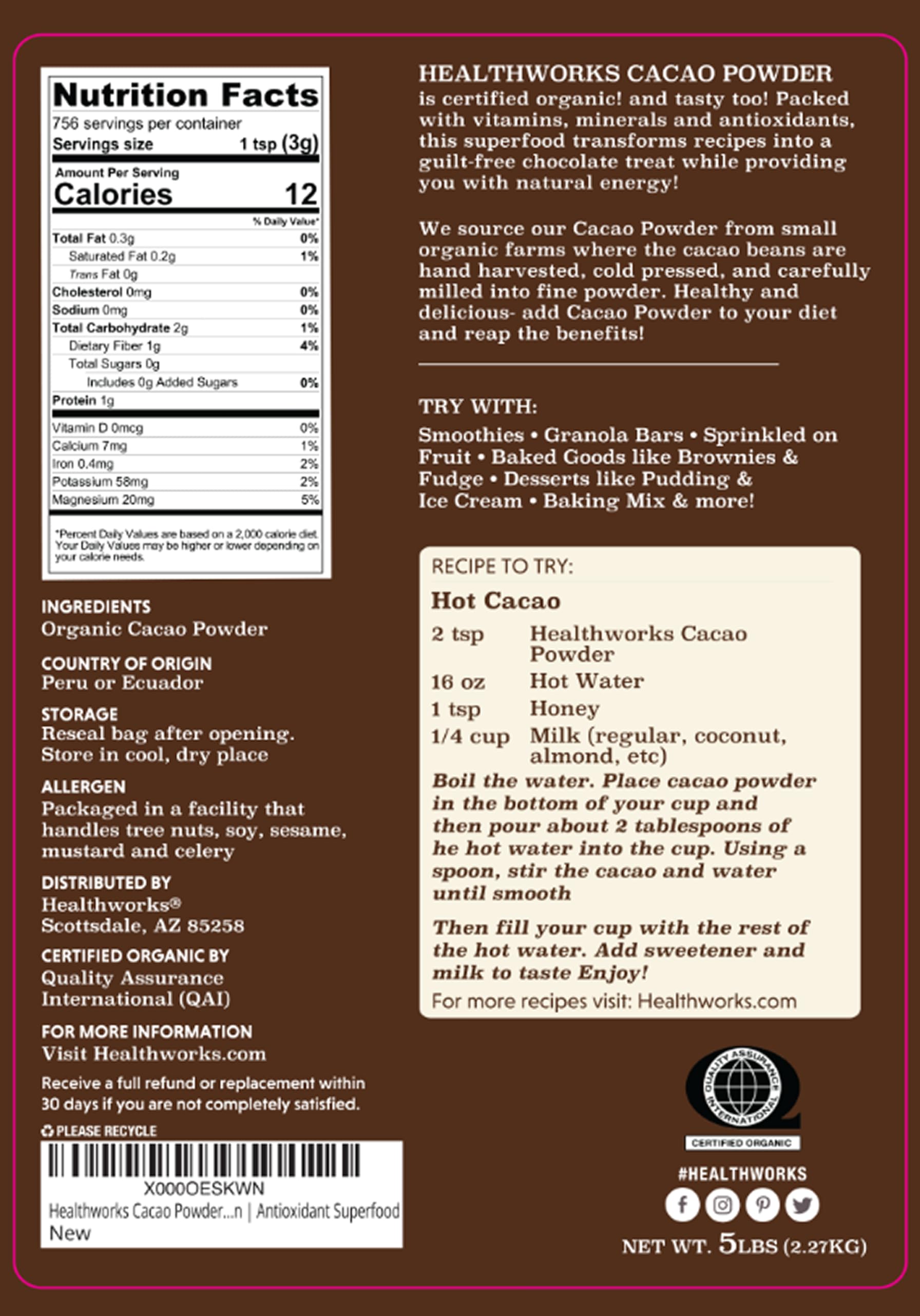 Healthworks Superfoods polvo de cacao textura fina, facilita mezcla homogénea